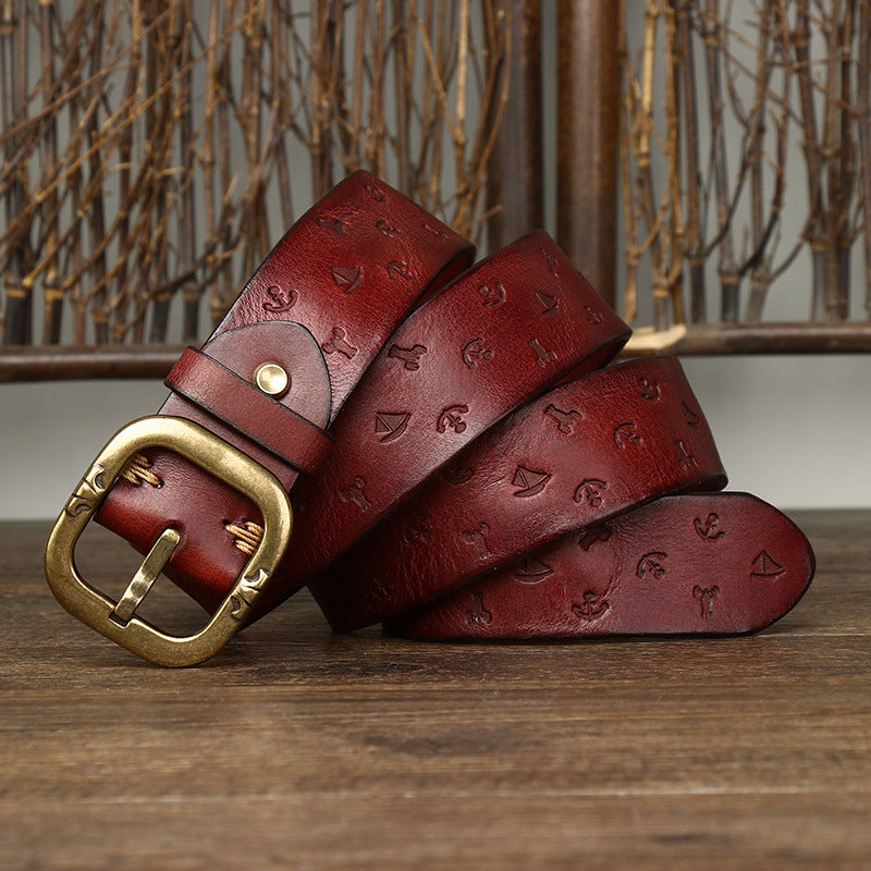 Redish Brown / 105 cm Men's Embossed Designer Genuine Leather Belt - skyjackerz