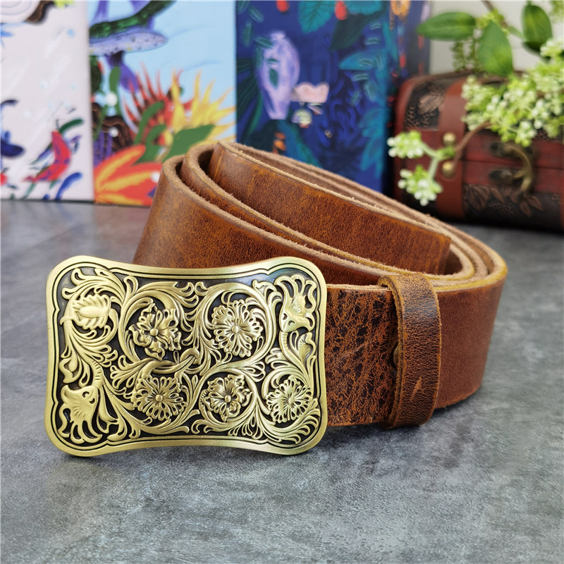 Yellow Brown / 95 cm Luxury Carved Leather Belt for Men - Floral Design - skyjackerz