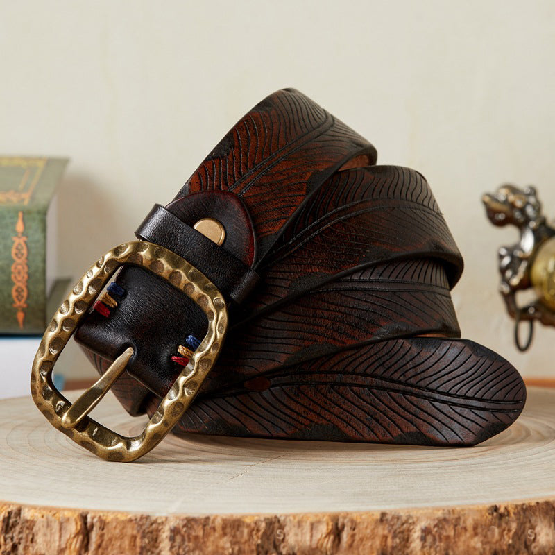 Red Brown / 105 cm Vintage Leather Belt for Men - Washed Design - skyjackerz