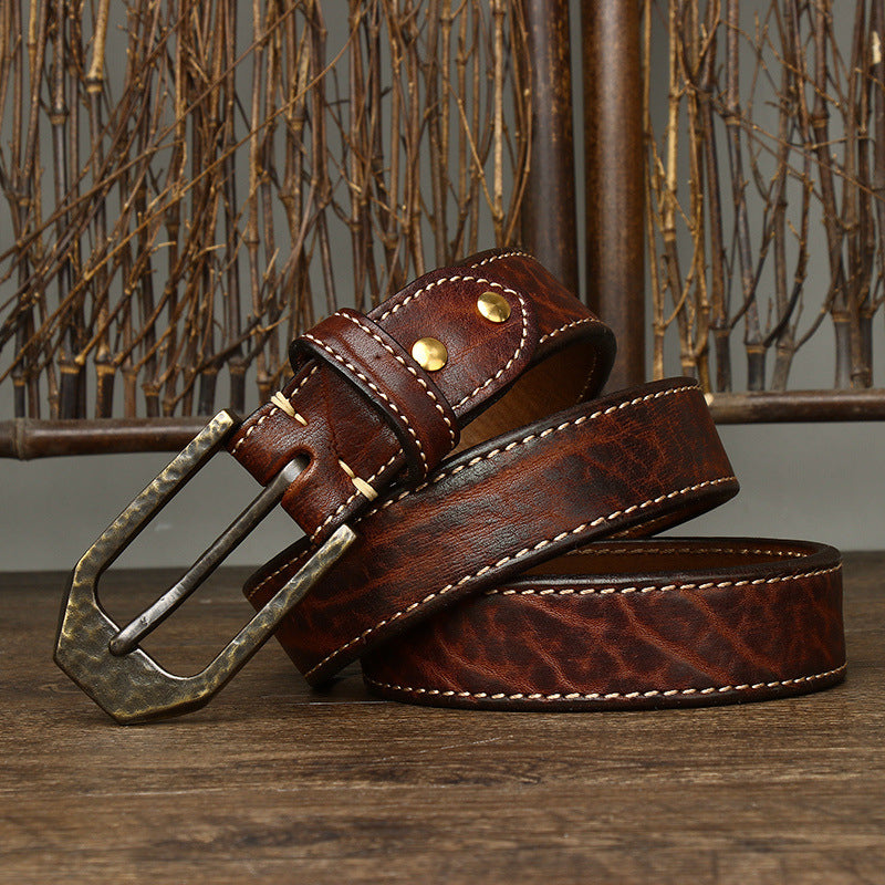 Redish Brown / 105 cm Men's Thick Buckle Genuine Leather Belt - skyjackerz