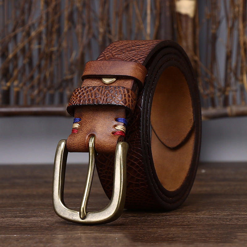 Red Brown / 105 cm Men's Designer Brass Buckle Leather Belt - skyjackerz