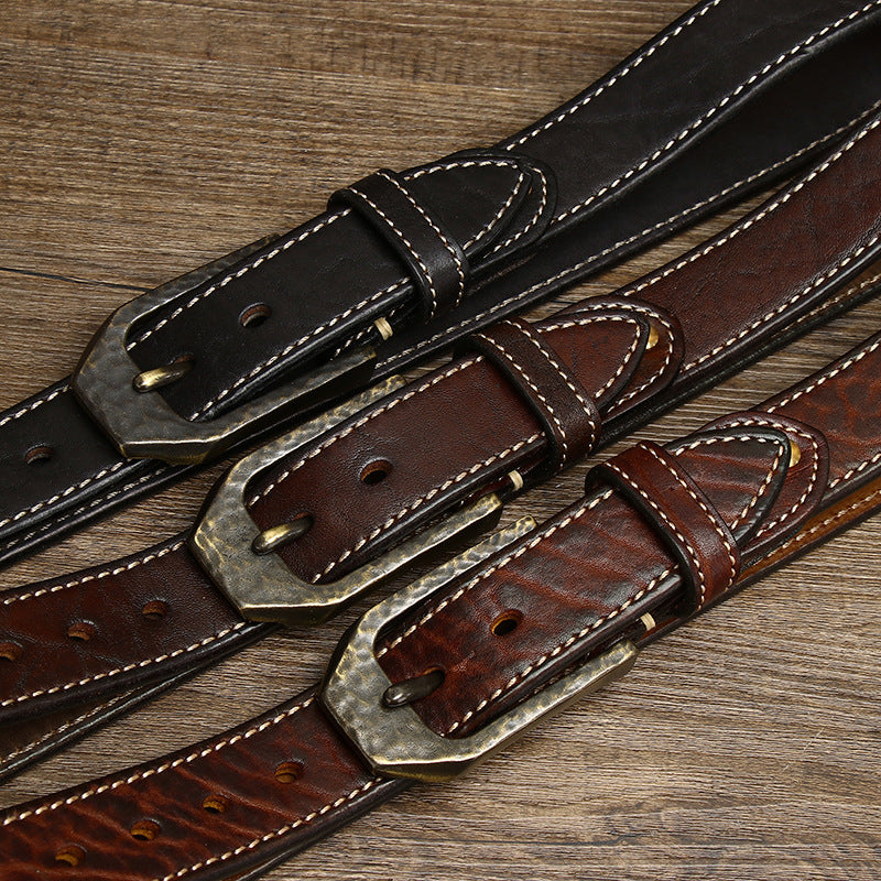 Redish Brown / 105 cm Men's Thick Buckle Genuine Leather Belt - skyjackerz