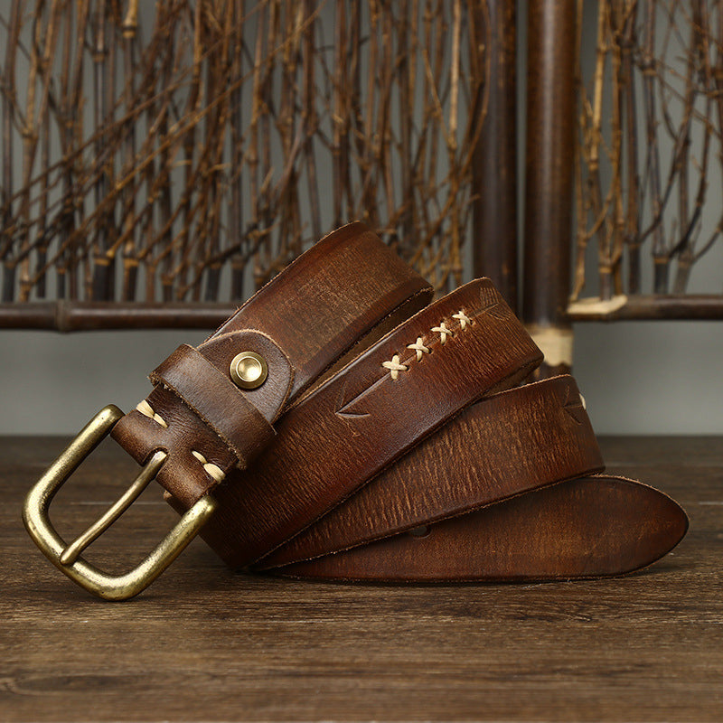 Khaki / 105 cm Men's Stylish Brass Buckle Leather Waistband - skyjackerz