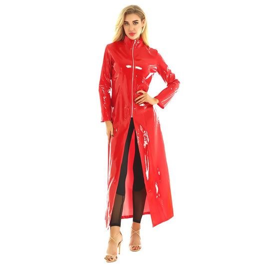 Women's Wet look Long Leather Dress - skyjackerz
