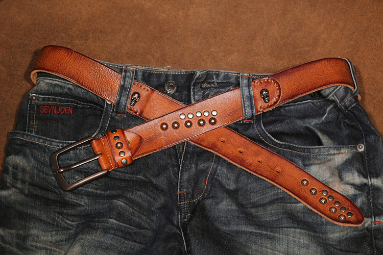 Brown / 105 cm Punk Style Men's Pin Buckle Leather Belt - skyjackerz