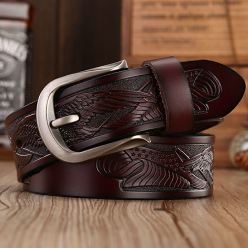 Classic / Coffee / 115 cm Eagle Embossed Leather Men's Cowskin Belt - skyjackerz