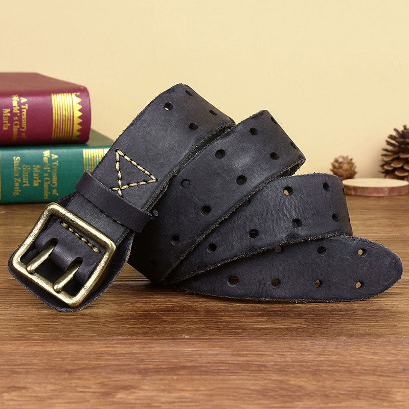 Black / 105 cm Men's Distressed Leather Double Pin Belt - skyjackerz