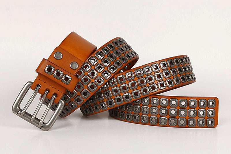 Earth Yellow / 100 cm Men's Heavy Metal Cowboy Punk Leather Belt - skyjackerz