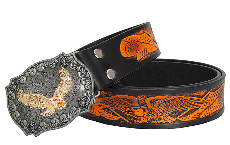 Black / 100 cm Retro Eagle Totem Genuine Leather Belt for Men - skyjackerz