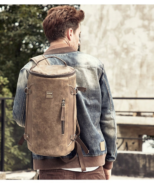 Khaki Men's Leather Waterproof Travel Backpack - skyjackerz