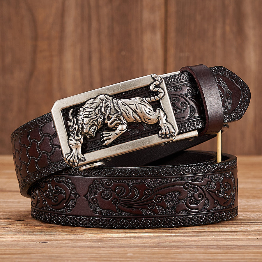 Gold - Coffee / 100 cm Tiger Design Automatic Embossed Leather Belt for Men - skyjackerz