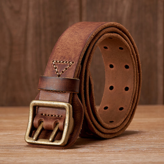Khaki / 105 cm Men's Handmade Leather Belt with Stap Buckle - skyjackerz