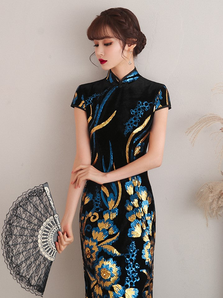 Black / S Women Catwalk Cheongsam Long Dress - skyjackerz