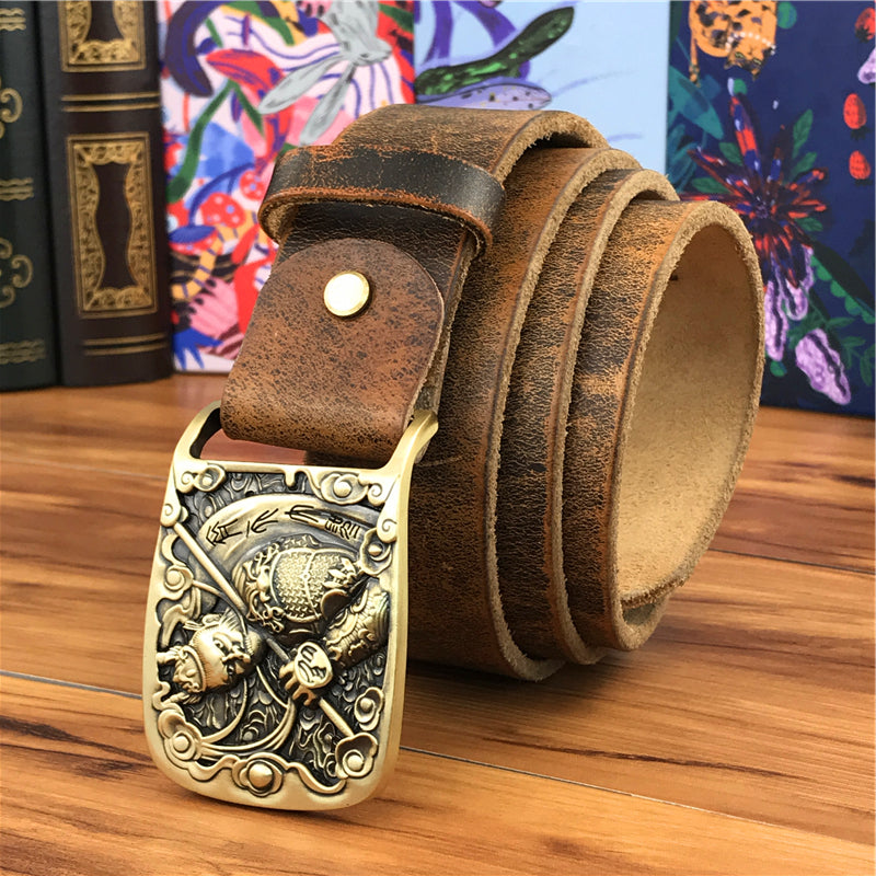 Yellow Brown / 95 cm Men's Brass Buckle Leather Belt - Monkey King Design - skyjackerz