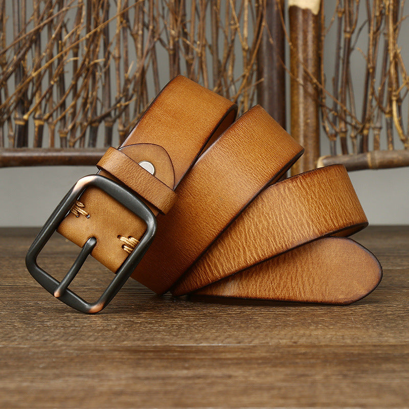 Khaki / 105 cm Men's Handmade Vintage Pin Buckle Leather Belt - skyjackerz