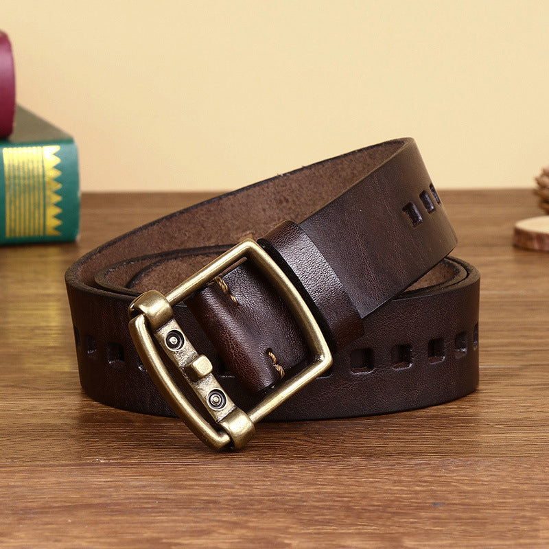 Brown / 105 cm Men's Vintage Brass Buckle Leather Belt - skyjackerz