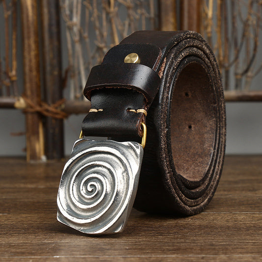 Coffee / 100 cm Men's Thick Leather Belt for Jeans - Retro Cowboy Style - skyjackerz