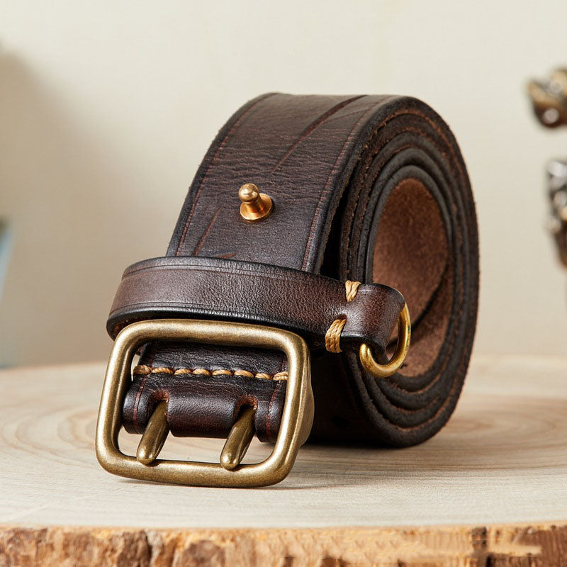 Reddish Brown / 105 cm Men's Designer Double Pin Leather Belt - skyjackerz