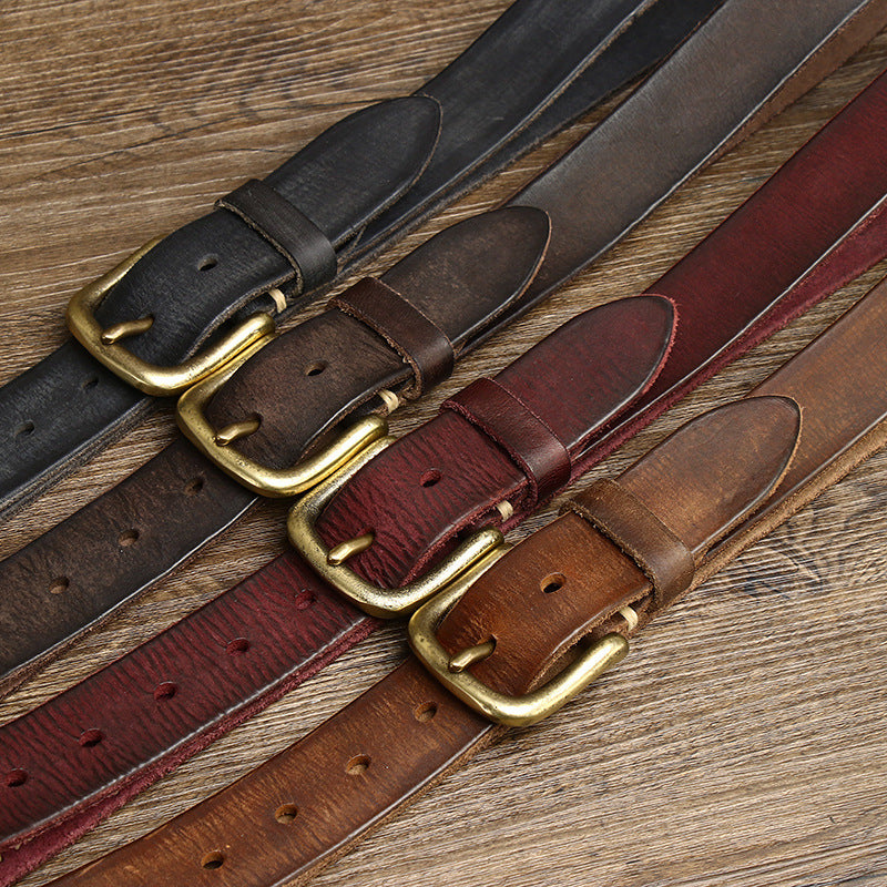 Black / 105 cm Men's Stylish Brass Buckle Leather Waistband - skyjackerz
