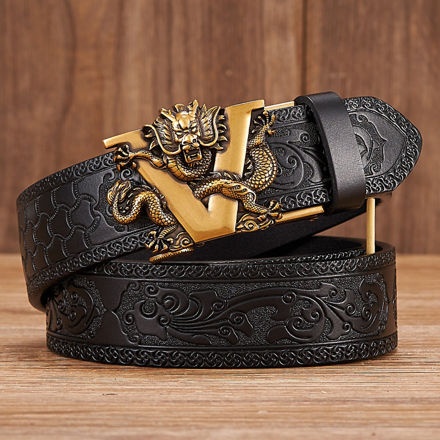 Golden V Coffee / 100 cm Men's Dragon Alloy Automatic Leather Belt - skyjackerz