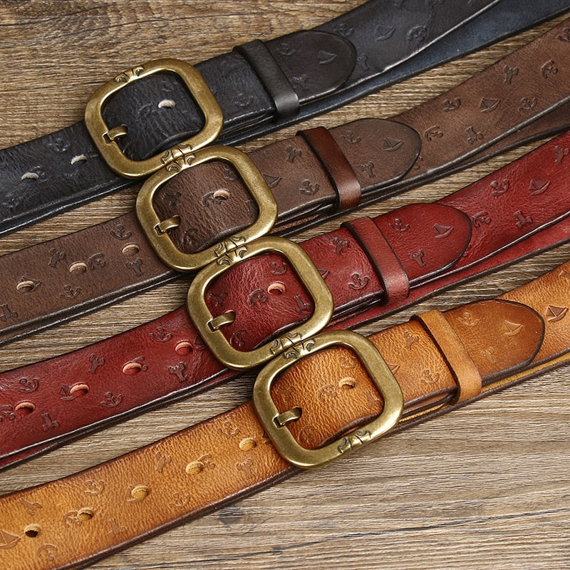 Brown / 105 cm Men's Embossed Designer Genuine Leather Belt - skyjackerz