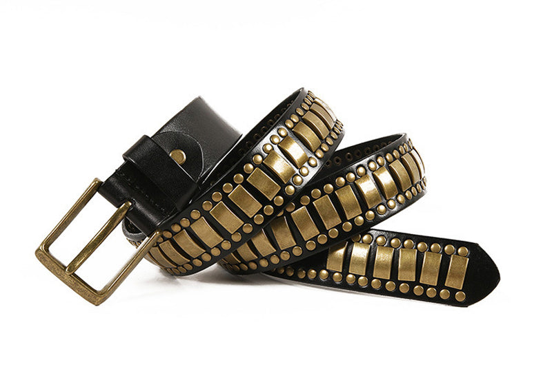 Black / 105 cm Men's Studded Genuine Leather Belt with Rivets - skyjackerz