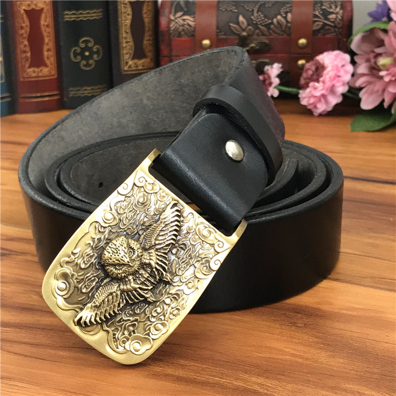 Black / 105 cm Vintage Leather Belt for Men with Brass Owl Buckle - skyjackerz