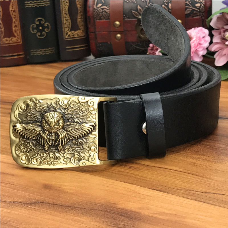 Yellow Brown / 105 cm Vintage Leather Belt for Men with Brass Owl Buckle - skyjackerz
