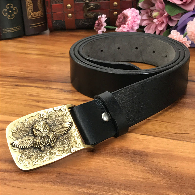 Yellow Brown / 105 cm Vintage Leather Belt for Men with Brass Owl Buckle - skyjackerz