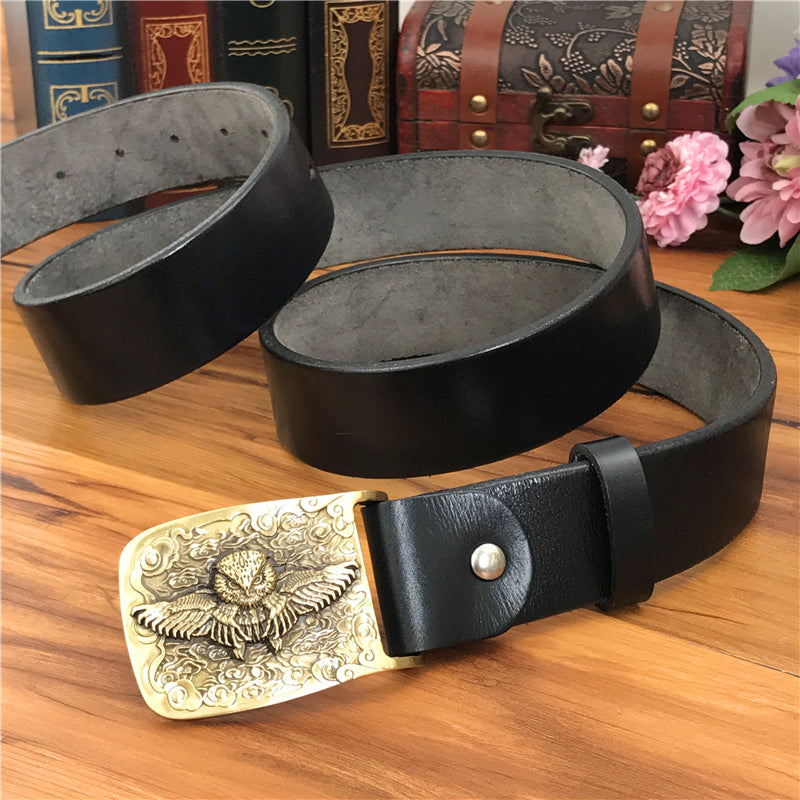 Yellow Brown / 105 cm Vintage Leather Belt for Men with Brass Owl Buckle - skyjackerz