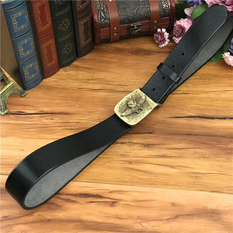 Yellow Brown / 105 cm Vintage Leather Belt for Men with Brass Owl Buckle - skyjackerz