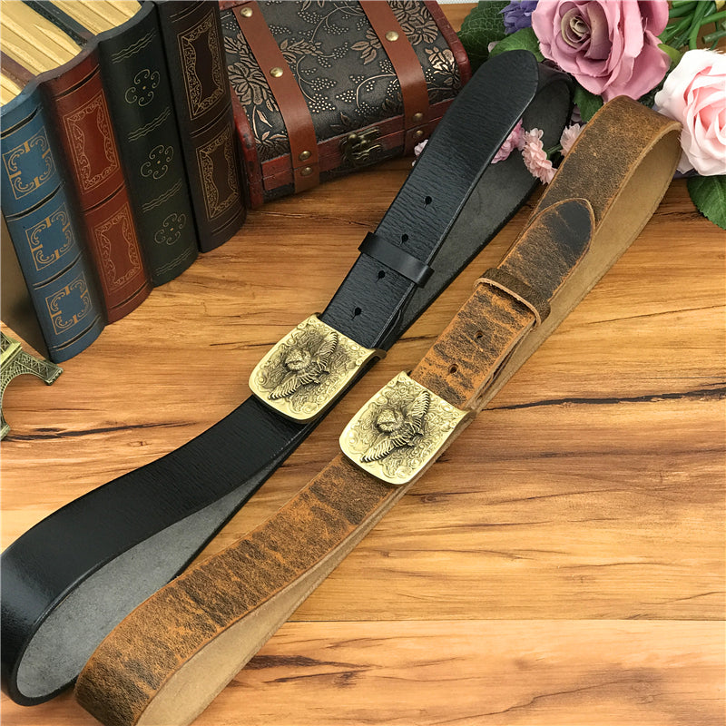 Yellow Brown / 105 cm Vintage Leather Belt for Men with Brass Owl Buckle - skyjackerz