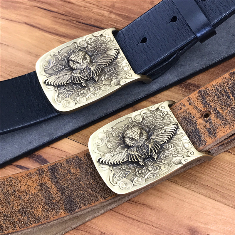 Yellow Brown / 105 cm Vintage Leather Belt for Men with Brass Owl Buckle - skyjackerz