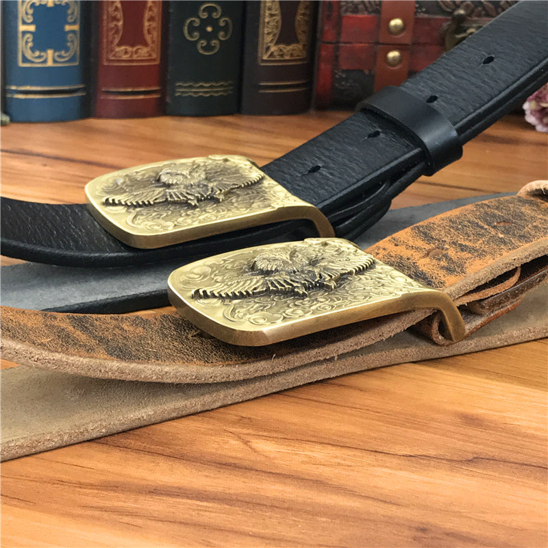 Yellow Brown / 105 cm Vintage Leather Belt for Men with Brass Owl Buckle - skyjackerz