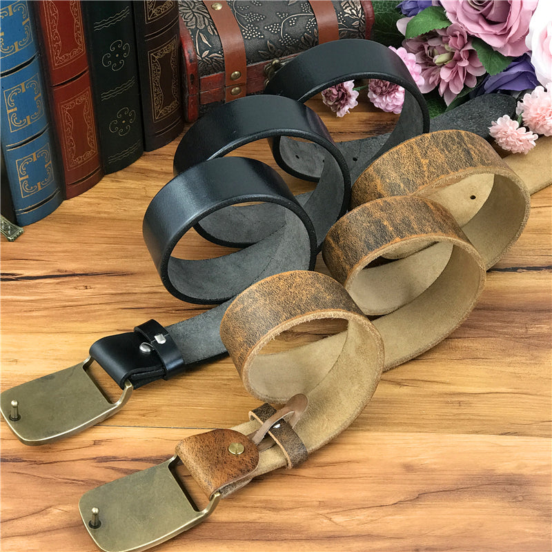 Yellow Brown / 105 cm Vintage Leather Belt for Men with Brass Owl Buckle - skyjackerz