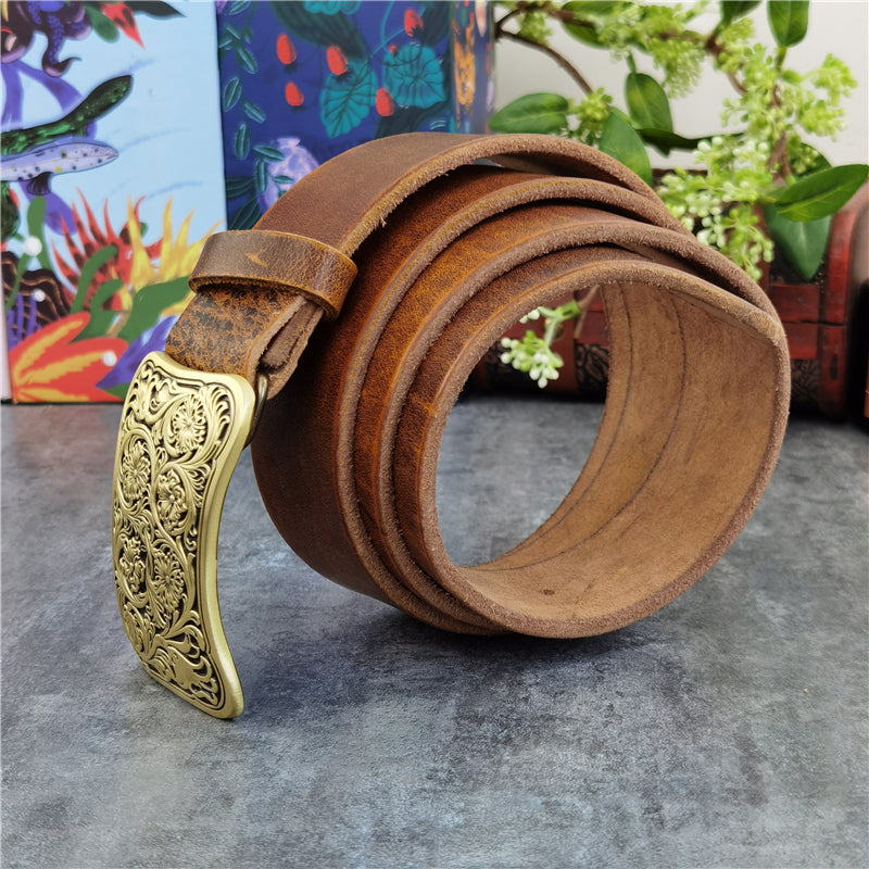 Yellow Brown / 95 cm Luxury Carved Leather Belt for Men - Floral Design - skyjackerz