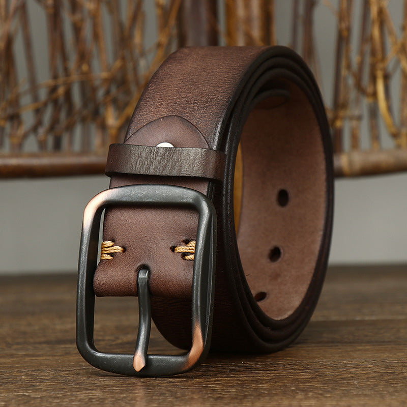Black / 105 cm Men's Handmade Vintage Pin Buckle Leather Belt - skyjackerz