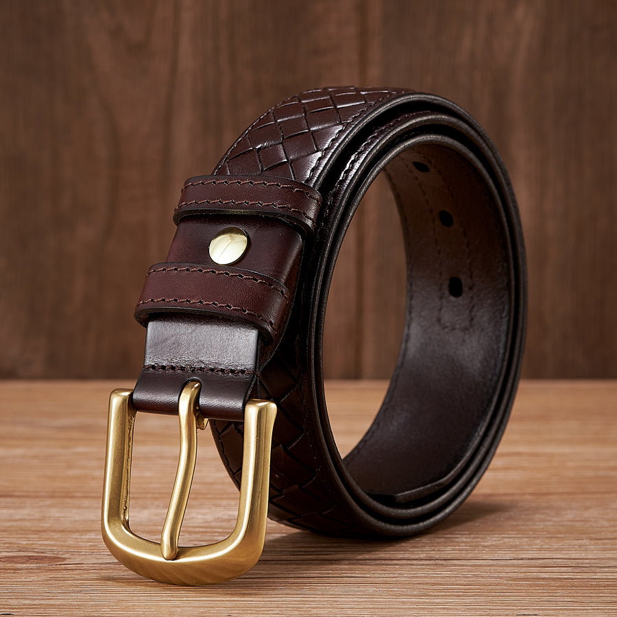 Black / 100 cm Men's Braided Woven Leather Belt - Cowboy Style - skyjackerz