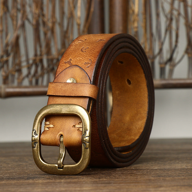 Brown / 105 cm Men's Embossed Designer Genuine Leather Belt - skyjackerz