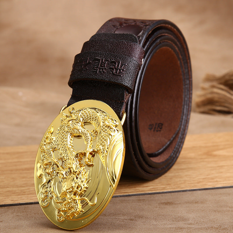 Gold Buckle - Coffee / 105 cm Chinese Dragon Handmade Leather Belt For Men - skyjackerz