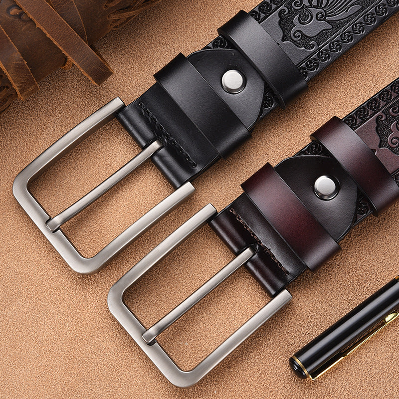 Black / 95 cm Men's Vintage Embossed Leather Belt - skyjackerz