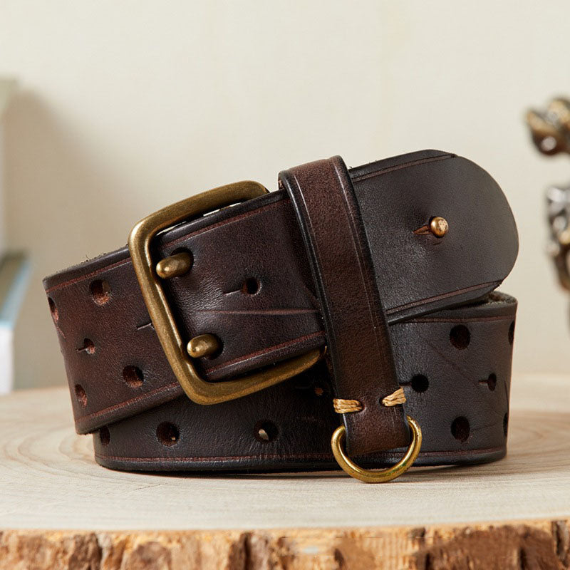 Reddish Brown / 105 cm Men's Designer Double Pin Leather Belt - skyjackerz