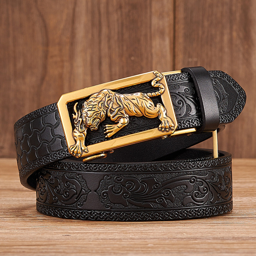 Gold - Coffee / 100 cm Tiger Design Automatic Embossed Leather Belt for Men - skyjackerz
