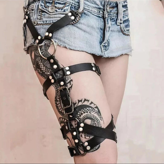 Black Women Leather Garter Leg Harness - skyjackerz