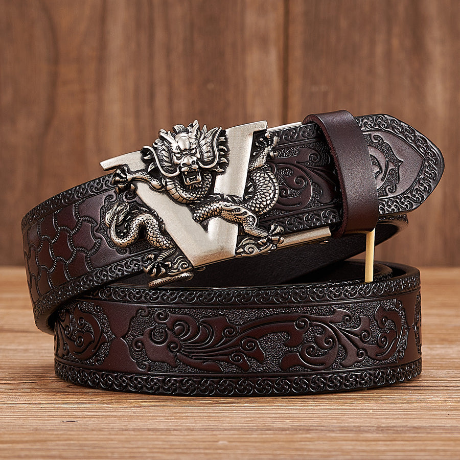 Silver V Black / 100 cm Men's Dragon Alloy Automatic Leather Belt - skyjackerz