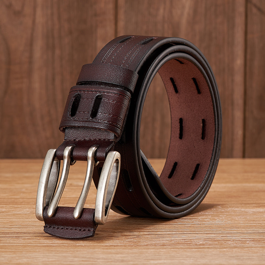 Black - 3.8 cm / 105 cm Men's Fancy Leather Belt with Double Pin Buckle - skyjackerz