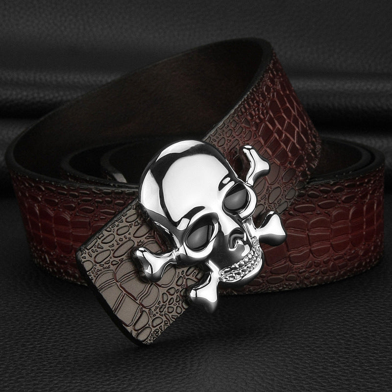 Silver - Coffee / 105 cm Men's Designer Skull Buckle Genuine Leather Belt - skyjackerz