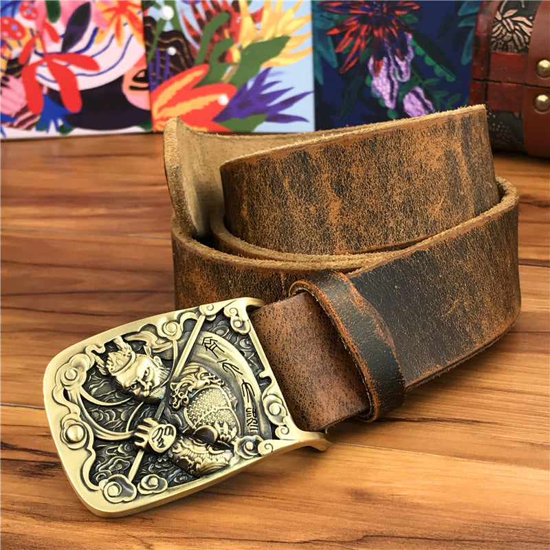 Yellow Brown / 95 cm Men's Brass Buckle Leather Belt - Monkey King Design - skyjackerz