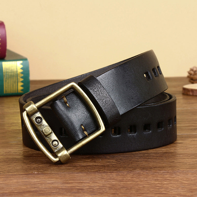 Black / 105 cm Men's Vintage Brass Buckle Leather Belt - skyjackerz