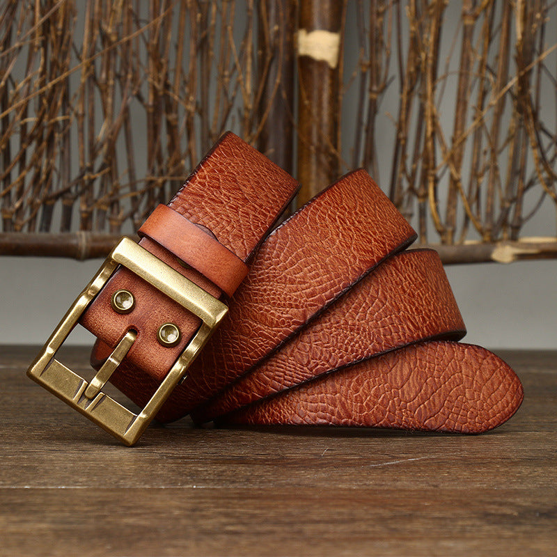 Khaki / 105 cm Men's Wide Leather Cowboy Belt - skyjackerz